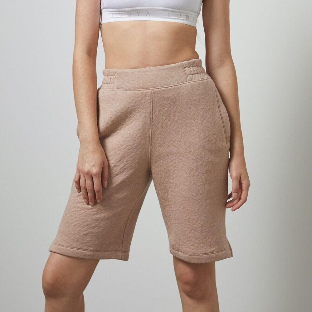 LUNYA Womens Shorts Small Tan Pull On Sweat Bermuda Pockets DOUBLE FACED $148
